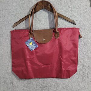 NEW Red Telosports Nylon Tote Bag With Brown Faux Leather Handles & Closure 12CT